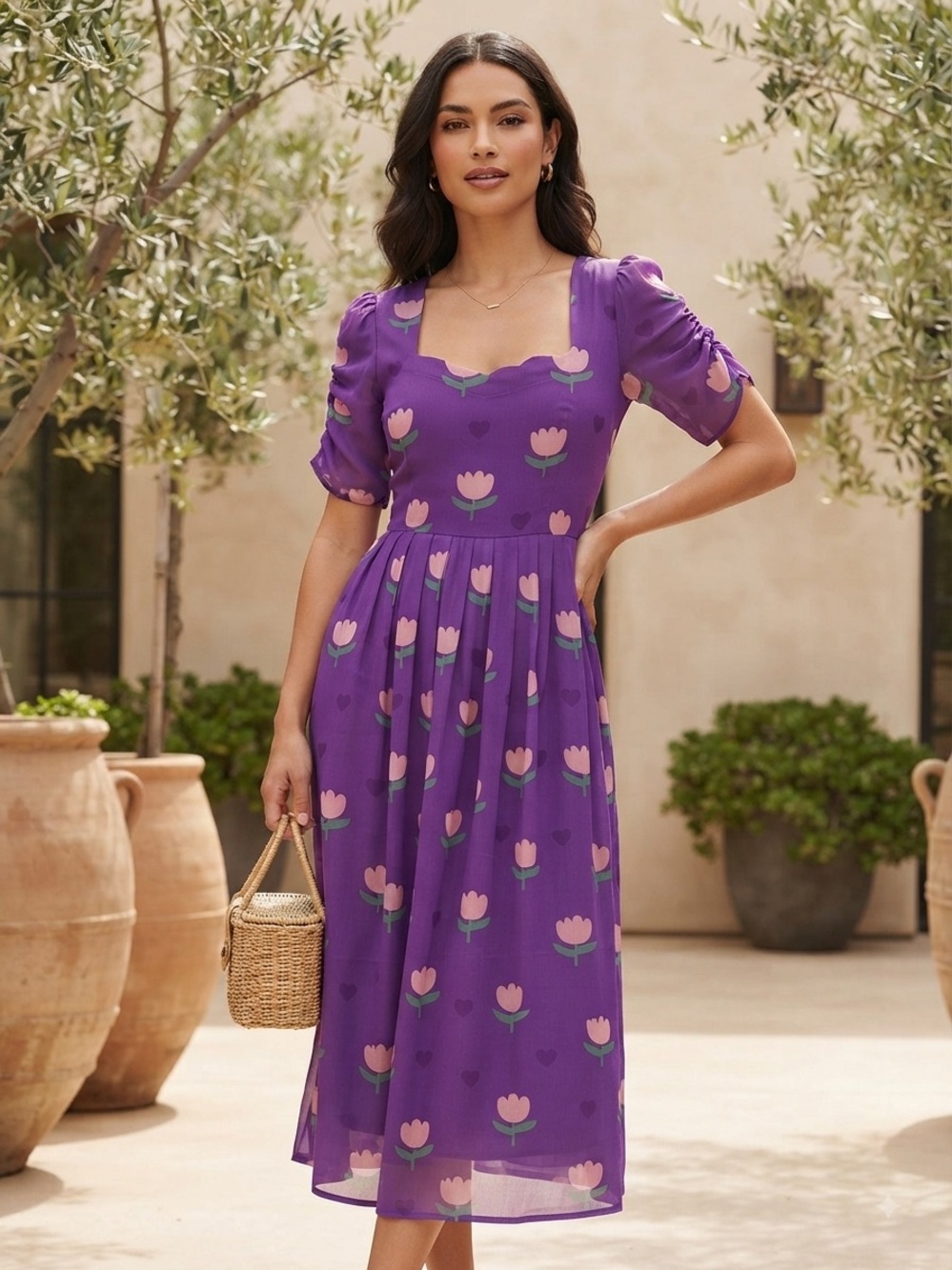 Purple Floral Midi Dress with Square Neck